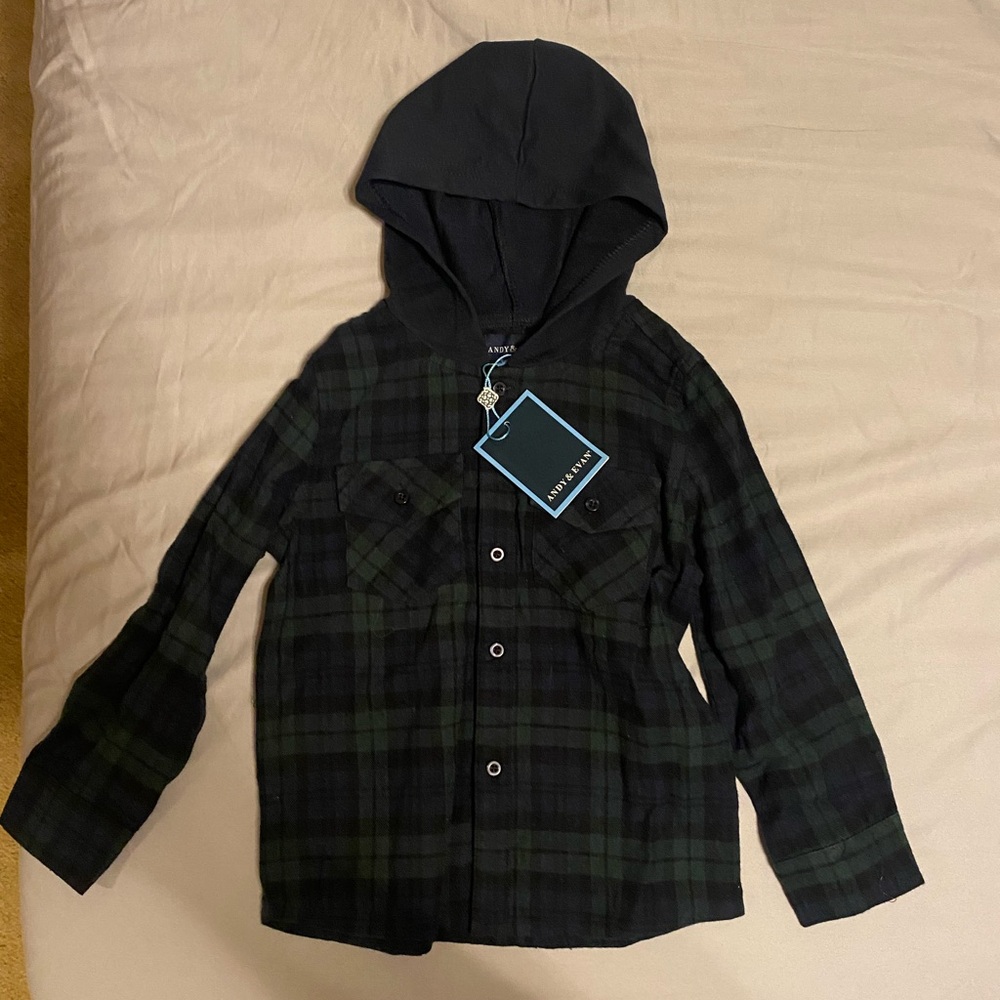 Andy & Evan Black and Green Plaid Button Down Shirt with Hood